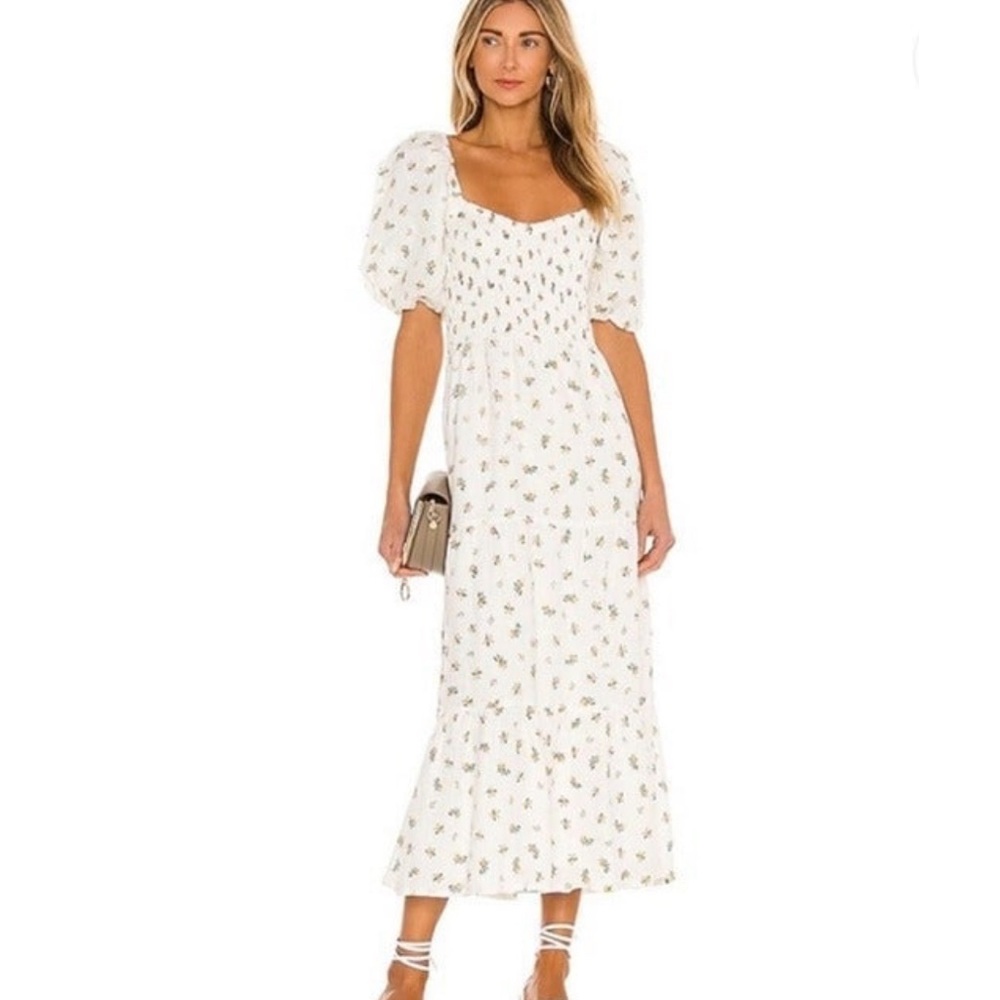 NWT Faithful the Brand- Gianna Smocked Midi Dress Carrie Floral Print US 8 linen